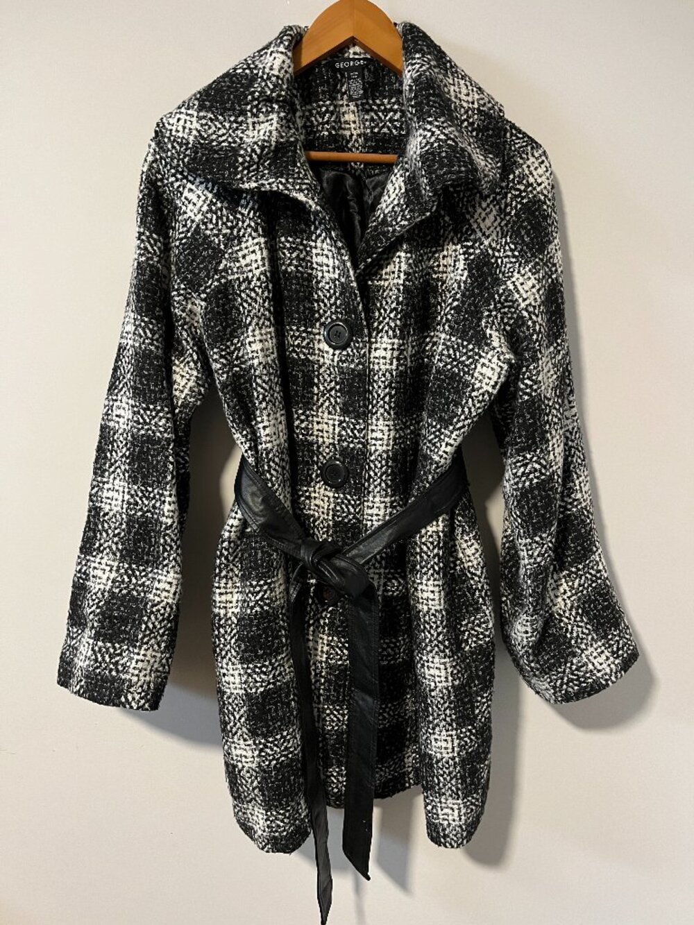 George Belted Buffalo Plaid Tweed Coat Black White Mid Length Dress Jacket 1X
